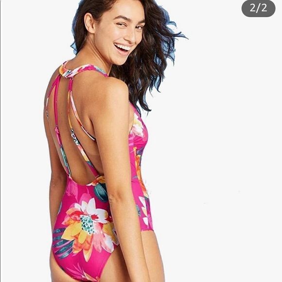 Kona Sol Women's Plus Size Strappy Back One Piece Swimsuit (Pink Floral) - Picture 2 of 15